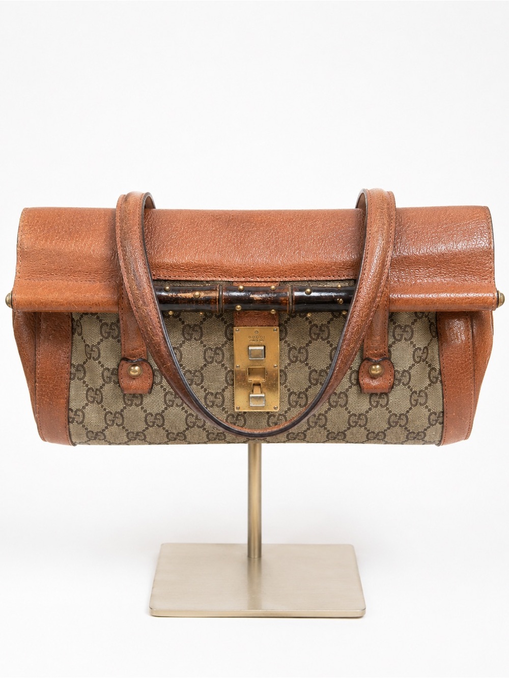 Vintage Gucci Bamboo Bullet Bag GG Monogram Canvas Brown Leather Y2K